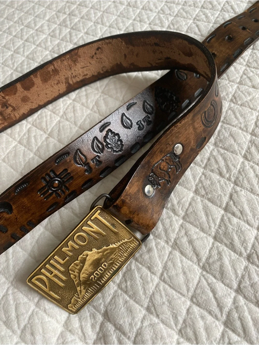 BSA Philmont Leather Tooled Belt Brass Buckle Vintage 2000 Western Boy Scouts 38